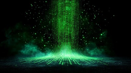 Green digital rain falling on dark studio floor