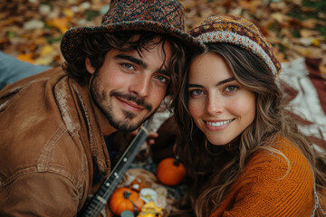Man and woman sitting on a blanket with a guitar.