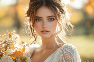 Beautiful bride holding flowers.