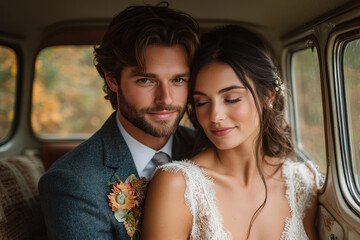 Bride and groom happily sitting in the back of a car.