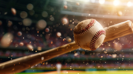 Baseball bat hitting home run with dynamic motion during game, sports action and competition concept, athlete swinging for victory in professional match.