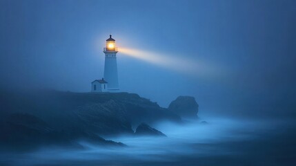 Lighthouse in misty night landscape