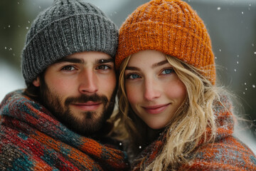 Couple standing in snow, embracing warmly.