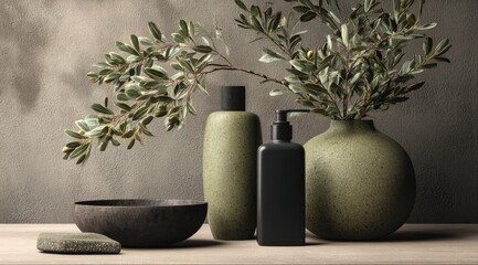 Muted green bottles, dark bowl, olive branch in vase, minimalist aesthetic on wood surface against textured wall