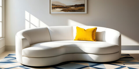 Serene Living Room Scene Featuring Cozy Sofa and Landscape Painting

