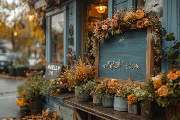 "Blue window with 'fall is here' sign."