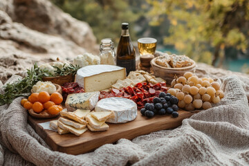 Cheese and fruit displayed on a wooden board.
