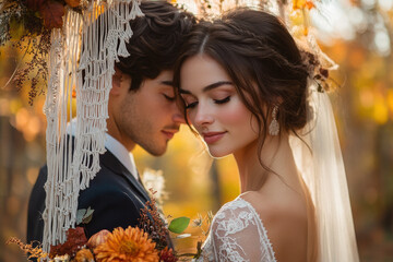 Bride and groom posing for a fall portrait.