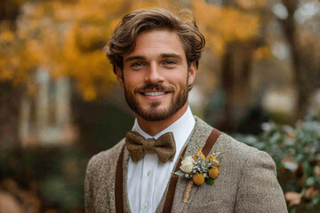Man in brown bow tie and jacket.