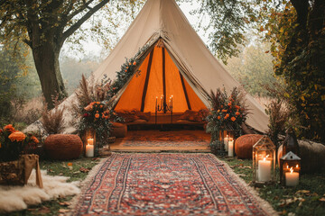 Tent with candles and flowers on the ground.