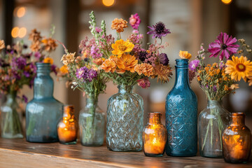 Vases and candles on a table.