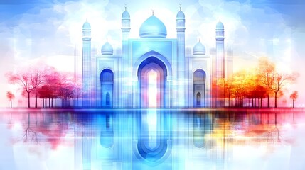 Serene Mosque Autumn Reflection, Peaceful Waterscape