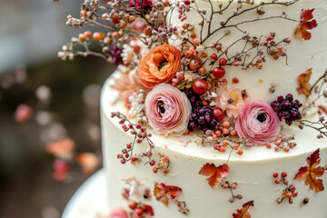 White cake adorned with flowers and berries.
