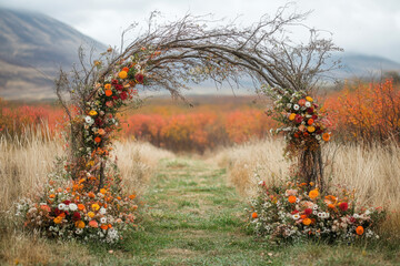 Wedding arch adorned with flowers and branches.