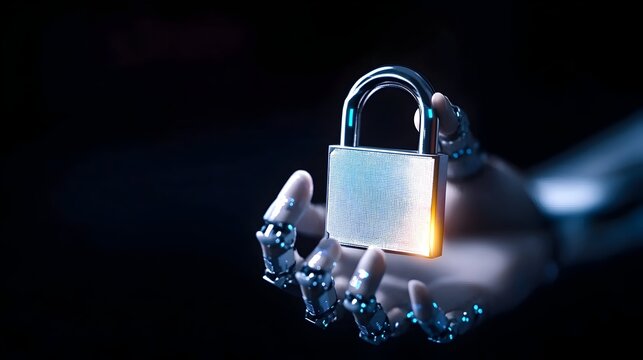 Robotic hand holding padlock; dark background; cybersecurity concept - Powered by Adobe