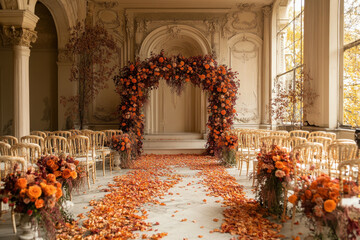 Orange flowers and white chairs at a wedding ceremony.