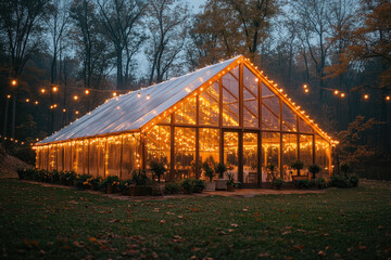 Large glass building near barn with lights.