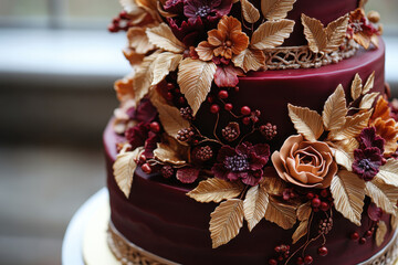 -tiered cake adorned with flowers and leaves.
