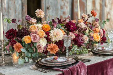 Burgundy table cloth, silverware, flowers.