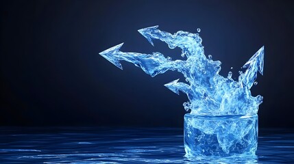 Water arrows splashing from glass, dark background