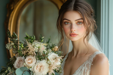 Bride holding bouquet of flowers.