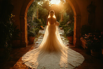 Bride in wedding dress standing in archway.