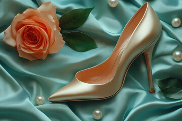 Shoes and rose on blue satin.