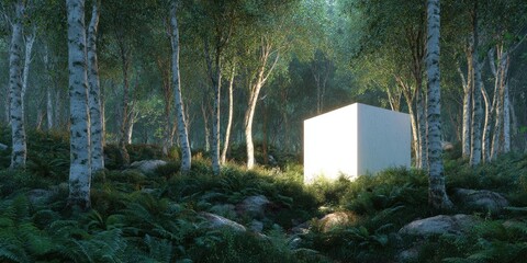 Glowing cube mysteriously sits within a sun-dappled birch forest, surrounded by ferns and rocks