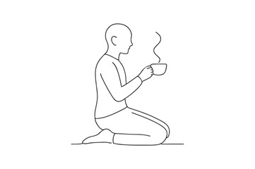 Kneeling with tea cup continuous one line drawing minimalism design