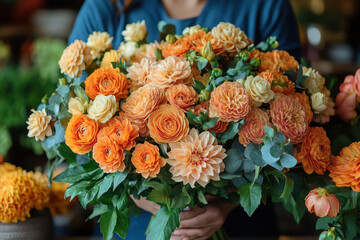 Woman holding bouquet of flowers.