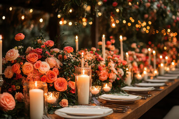 Candles and flowers on long table
