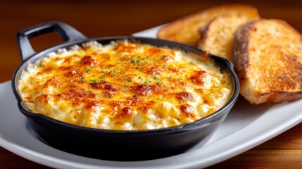 Delicious Hot And Cheesy Baked Macaroni Served In A Cast-Iron Skillet With Toasted Bread Slices