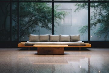 Minimalist low-slung grey fabric sofa with light wood platform and coffee table, situated before a large window overlooking green trees and a modern building exterior