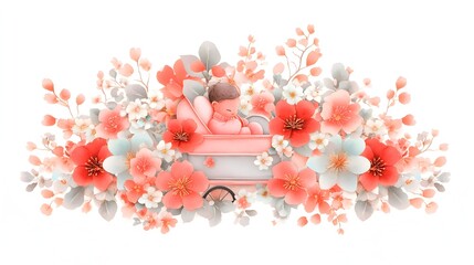 Sleeping baby in pram, floral frame, white background, greeting card