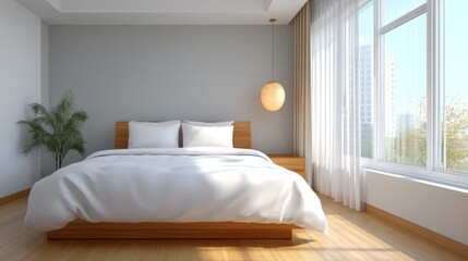 Modern Minimalist Bedroom with Natural Light and Large Windows in Stylish Urban Setting