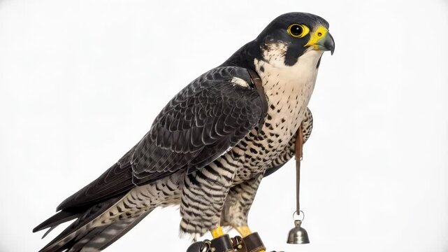Peregrine falcon portrait in studio against a plain white background, bird of prey wearing jesses and a bell, isolated studio animal