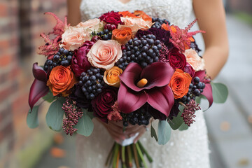 Bride holding flower and berry bouquet.