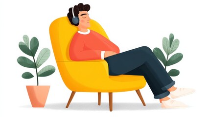 Individual Relaxing in Bright Yellow Chair with Headphones Surrounded by Indoor Plants