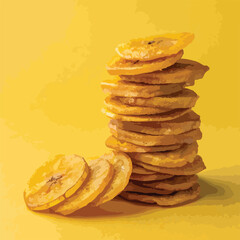 stack of banana chips on yellow background
