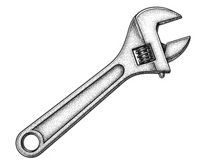 Wrench illustration in vintage stipple engraving style with detailed line art isolated on white background