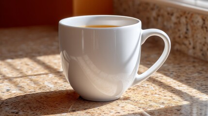 Minimalist White Ceramic Cup on a Speckled Countertop Illuminated by Warm Sunlight from a Window