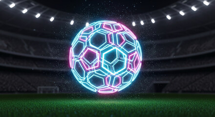Futuristic neon soccer ball floating on a vibrant green sports stadium field
