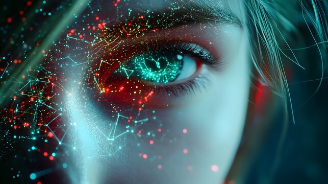 Woman's eye, digital network overlay, dark background, futuristic concept