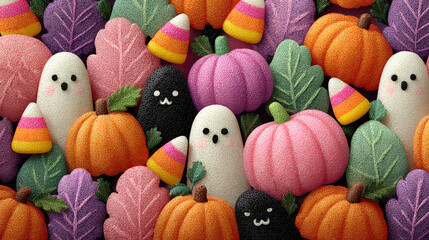 Whimsical Halloween Sweets: A vibrant medley of Halloween-themed confections, including adorable ghost cookies, cheerful pumpkins, and colorful candy corn, evoking the festive spirit of the holiday