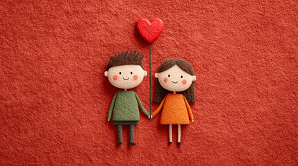 Love's Embrace: Charming, handcrafted dolls symbolizing love and affection, holding hands under a vibrant heart balloon, creating a heartwarming visual representing partnership and adoration.