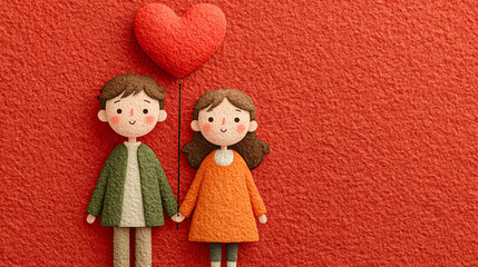 Loving Couple with Heart Balloon: A charming illustration of a young couple holding hands, standing beneath a heart-shaped balloon against a vibrant red background.  The image conveys a sense of love.