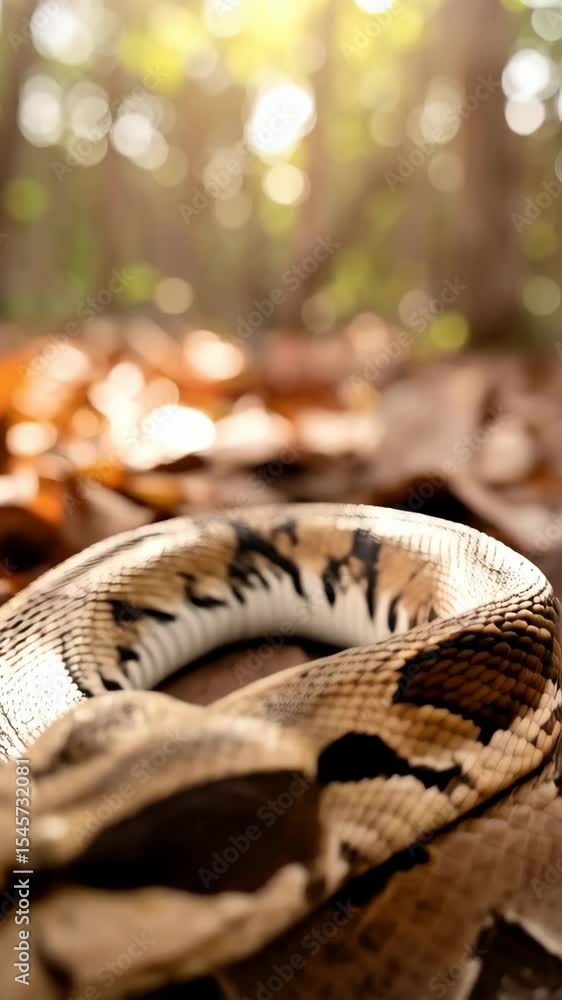 Poster close-up view of a patterned python coiled amongst autumn leaves in dappled sunlight in the forest
