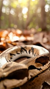 Close-up view of a patterned python coiled amongst autumn leaves in dappled sunlight in the forest