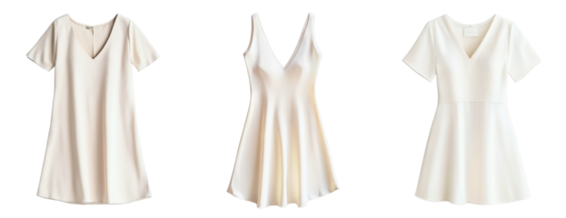 Set of sleek modern minimalist V-neck dresses made from smooth fabric with subtle sheen isolated on a white or transparent background
