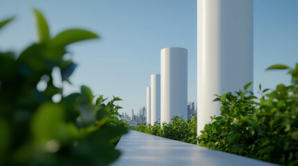 Fototapeta premium Modern Urban Landscape with Green Foliage and White Cylindrical Structures against Clear Blue Sky, Showcasing Sustainable Architecture and City Life